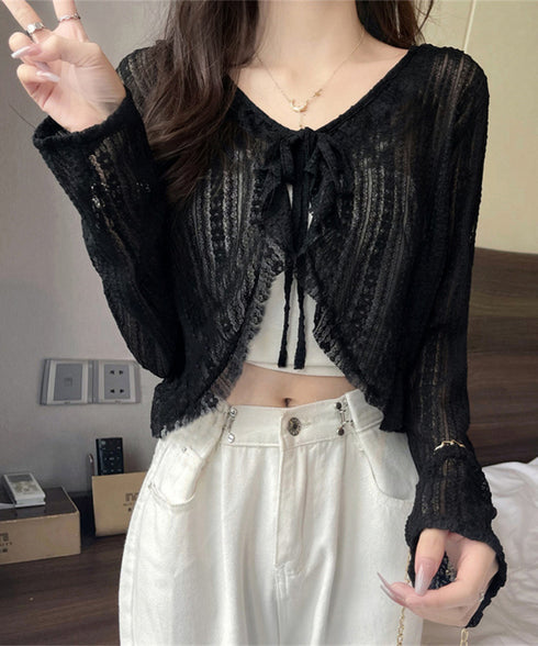 レースボレロカーディガン シアートップス レディース 花柄フリルカーディガン フェミニン 日焼け防止 冷房対策 フロントリボンサマーカーディガン ショート丈春夏服 84WANJIA-017